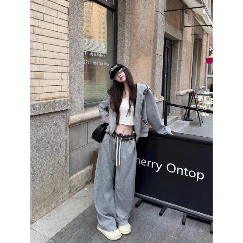 复古美式高级感运动套装女秋季连帽卫衣外套长裤格子拼接两件套