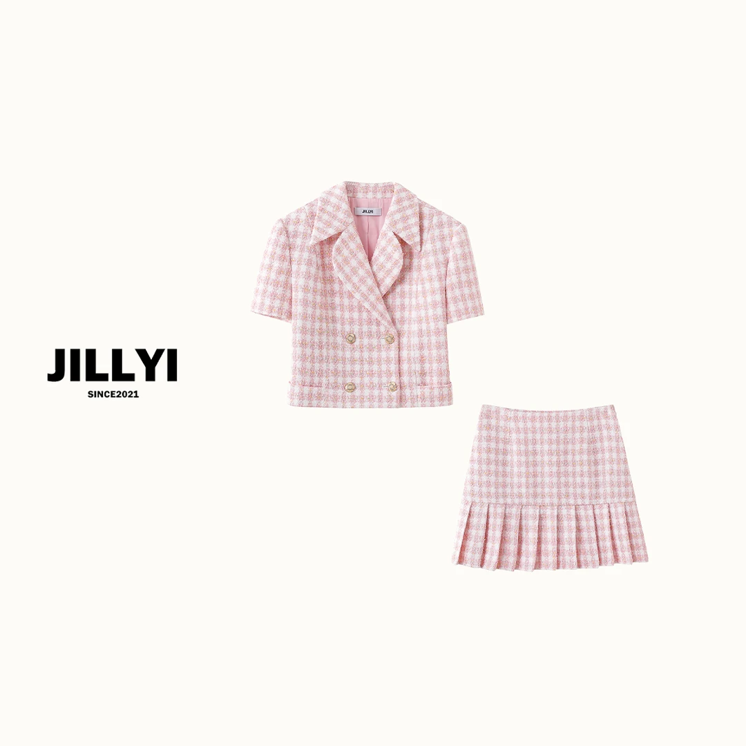 JILLYI珠海店【草莓奶白】粉格子甜美风短外套+粉格子百褶裙小香风