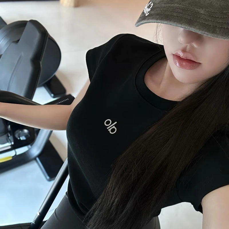 ALO夏季字母印花反光弹力短袖女夏季透气运动休闲百搭上衣T恤潮