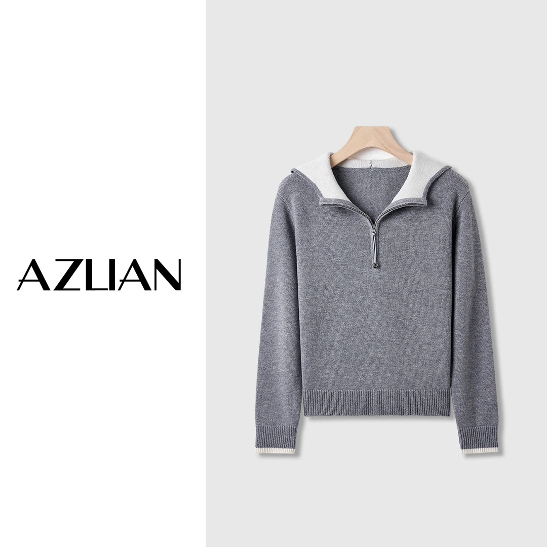 【冬冬定制】冬季撞色纯羊毛帽衫女长袖半拉链针织上衣 1026