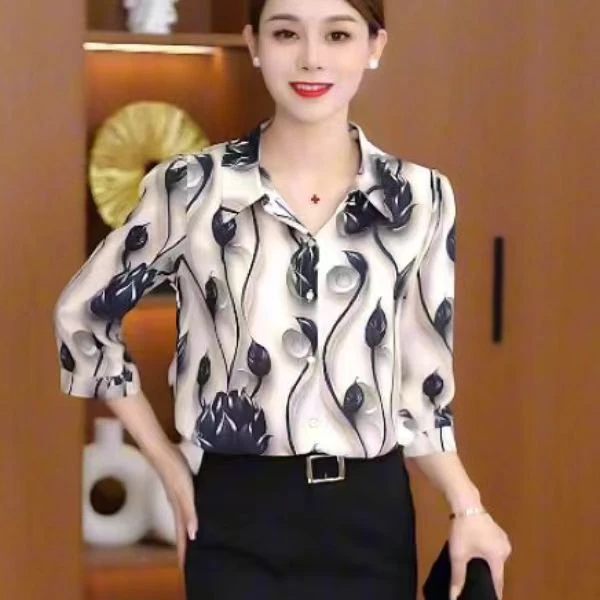 2025夏季新品女装时尚靓丽显瘦遮肉气质减龄开衫印花七分袖衬衫6