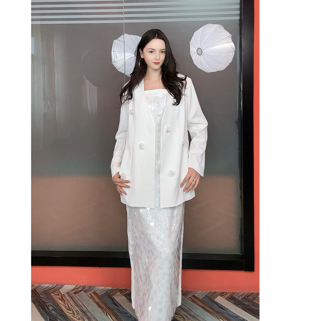 8356重工时尚亮片群设计款西装外套两件套套装