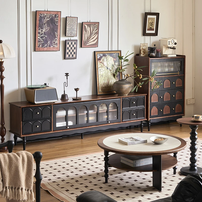 法式实木电视机柜小户型客厅落地储物柜中古风收纳柜抽屉柜置物柜