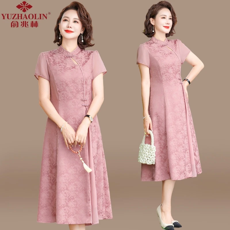 年轻妈妈夏装改良旗袍连衣裙洋气新款中老年夏季新中式国风裙子女