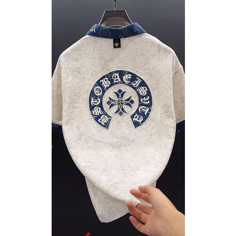 欧洲站轻奢高定男装上衣2025夏季新款大牌刺绣宽松polo领短袖T恤