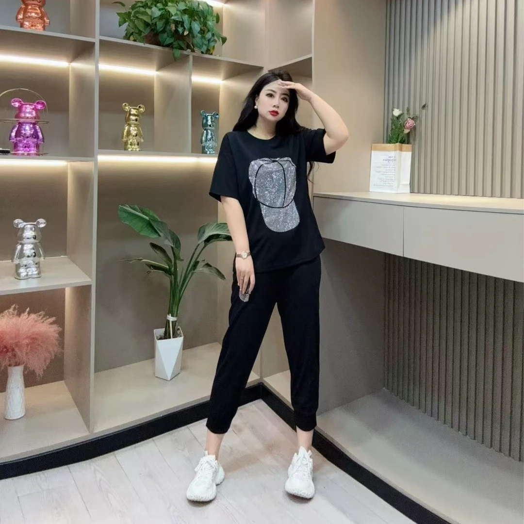 春季两件套-玲 时尚休闲洋气款潮流显瘦亮闪花型胖MM大码女装新款
