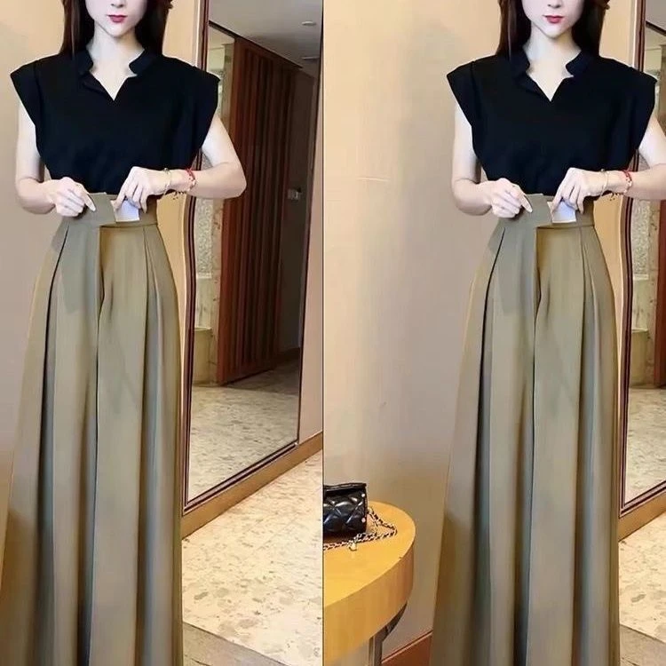 2025春夏新款御姐风气质百搭收腰上衣魔术贴高腰阔腿裤裙裤套装