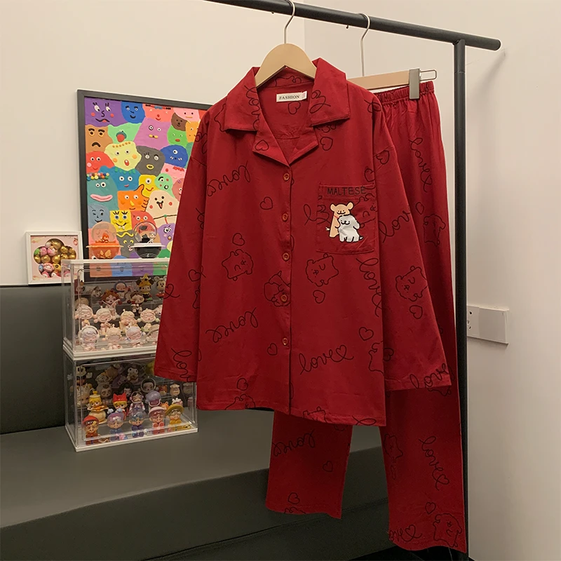 红色本命年情侣睡衣女春秋季纯棉长袖长裤线条小狗结婚喜庆家居服