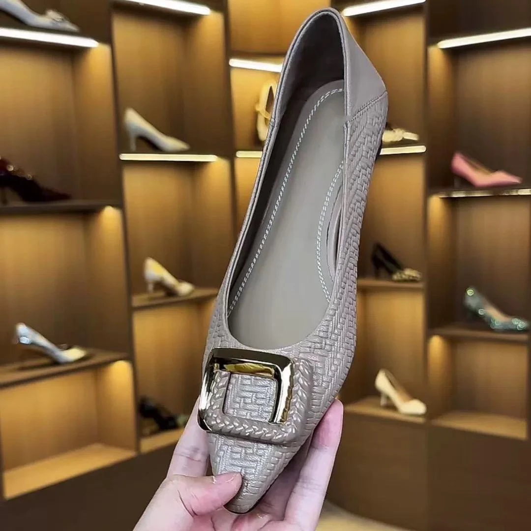 软皮/2.5cm2025夏季编织压花气质时尚软底软面搭扣百搭单鞋