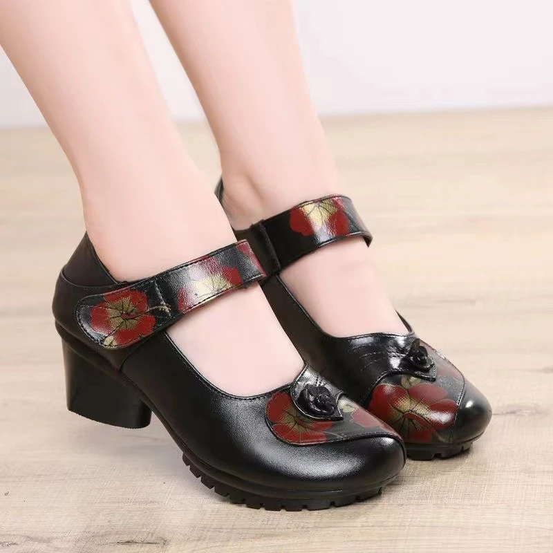 【明星同款】新款春秋真皮女鞋民族风中粗跟软底女单鞋舒适防滑中老