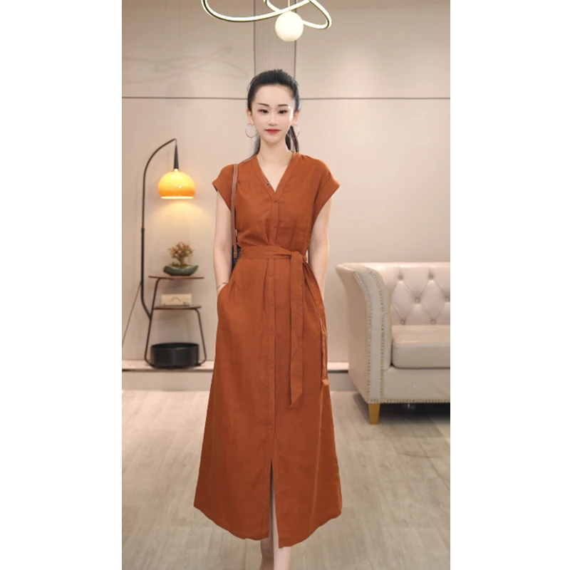 8133 法式气质V领单排扣腰带2025年夏季新款背心连衣裙女