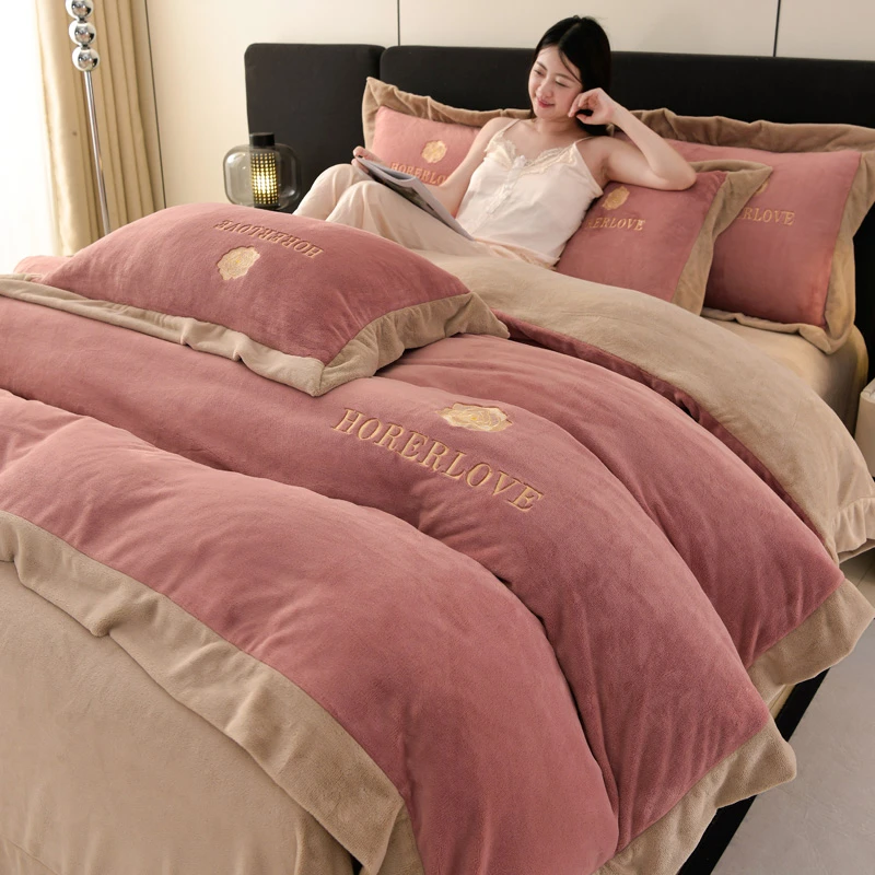 水星高端适用家纺轻奢加厚牛奶绒床上四件套冬季珊瑚绒法式双面加