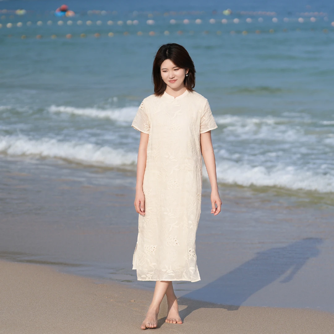 十五家25高端镂空苎麻刺绣中式国风改良旗袍文艺显瘦连衣裙气质女