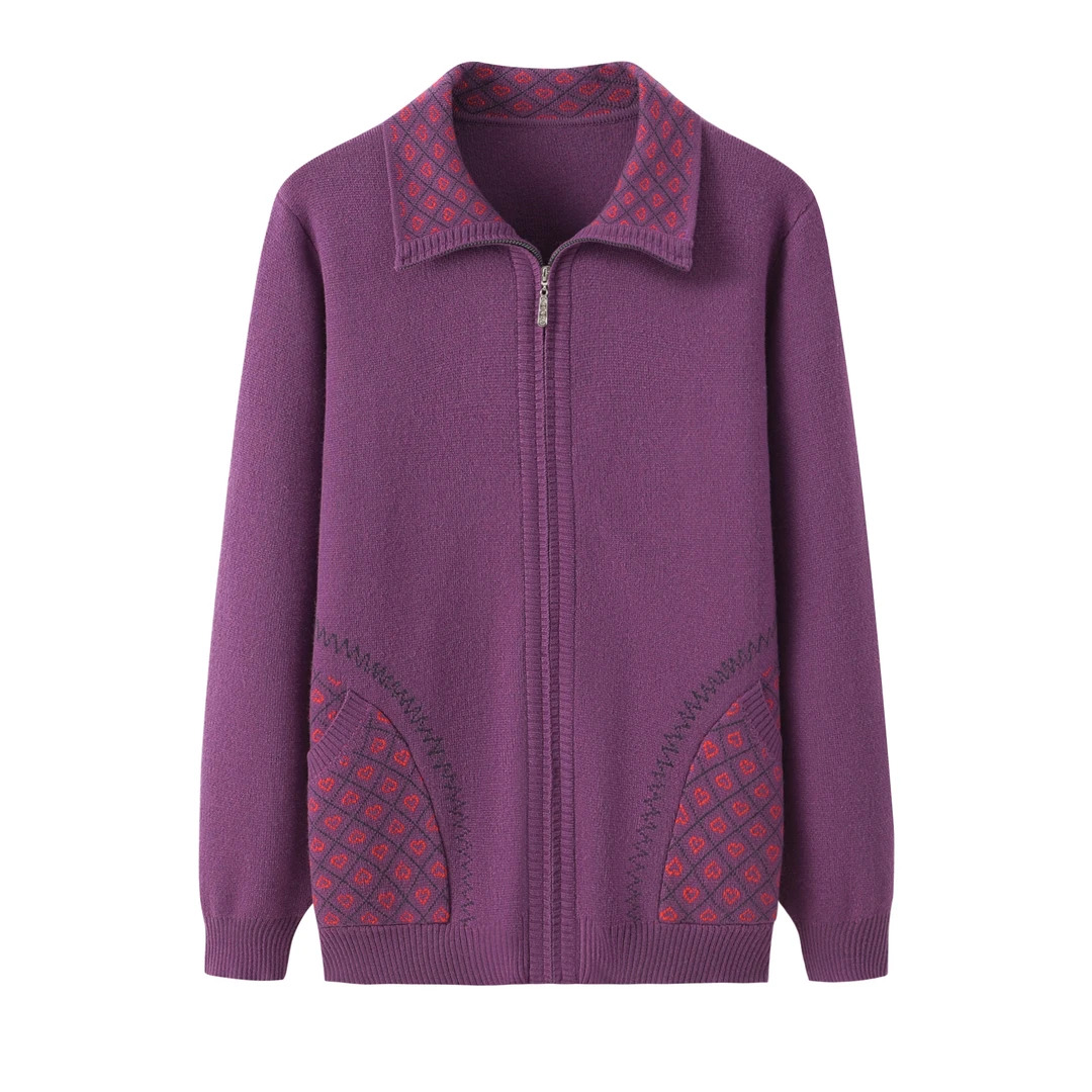 羊毛中老年加厚拉链翻领开衫洋气秋冬加绒宽松大码