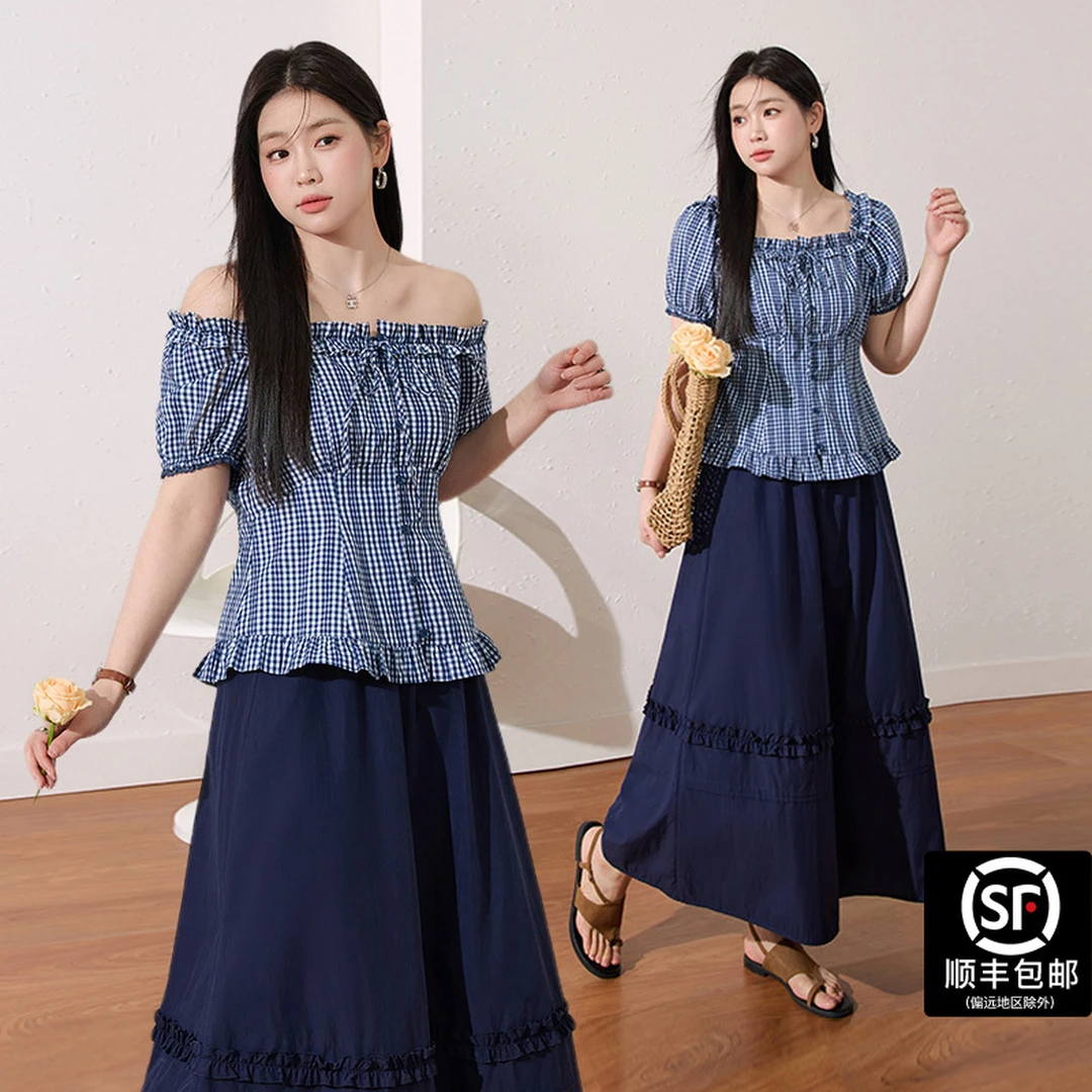 蓝语【怦然心动】微胖设计感两穿领型格子上衣半身裙显瘦套装夏