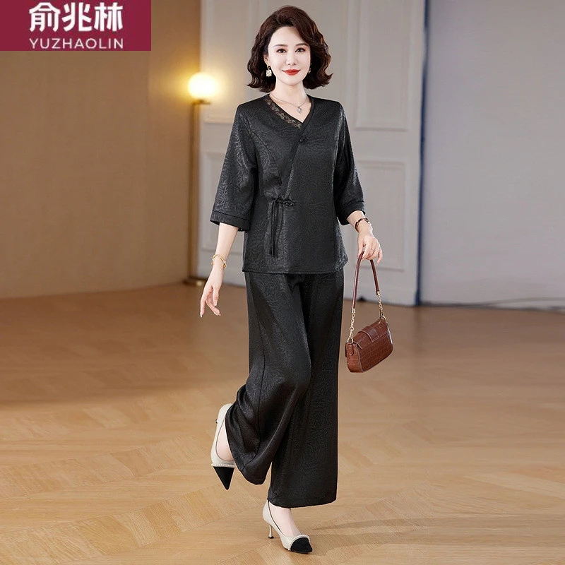 俞兆林夏季新款妈妈装新中式气质中袖套装中老年女装宽松显瘦洋气
