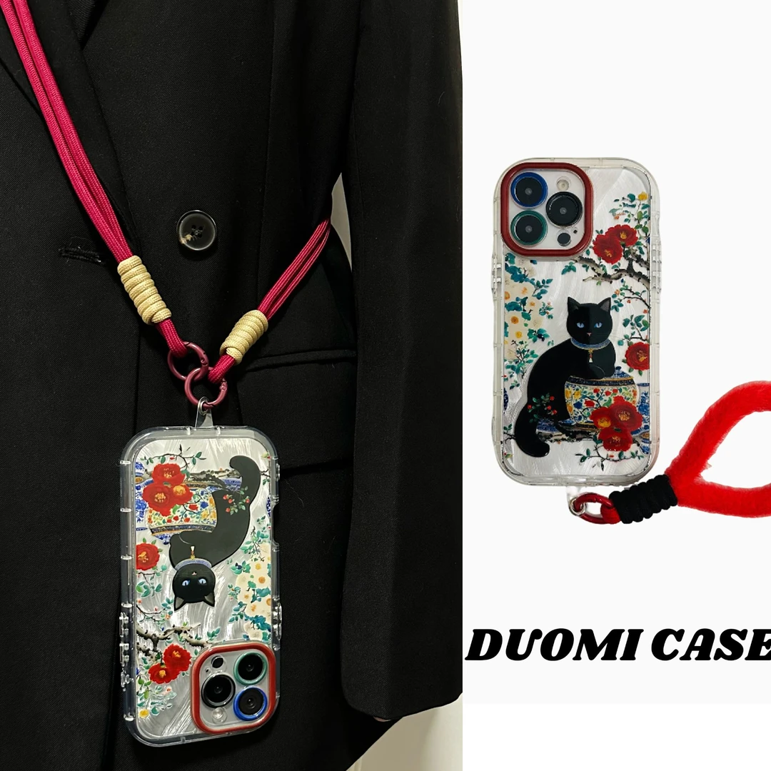 【国风猫咪】可爱卡通防摔羽纱手提毛绒苹果手机壳适用iPhone16pro