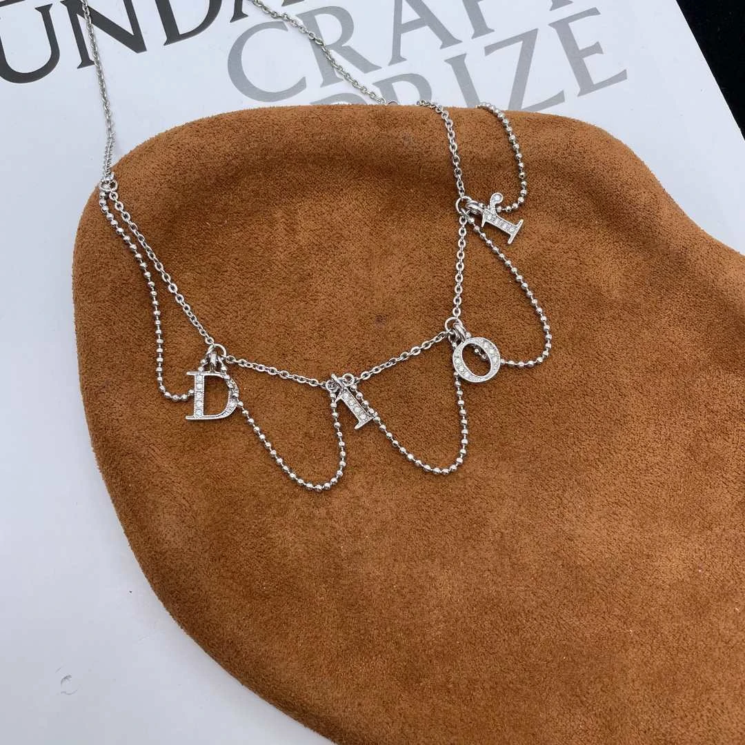 95新 DIOR/迪奥 银色字母流苏双层项链/d06175
