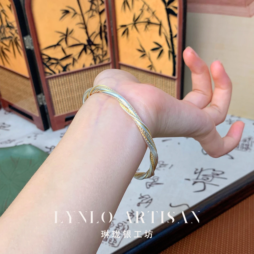 足银手镯 【琳珑银工坊】女描金扭麻花丝实心开口描金足银999手镯
