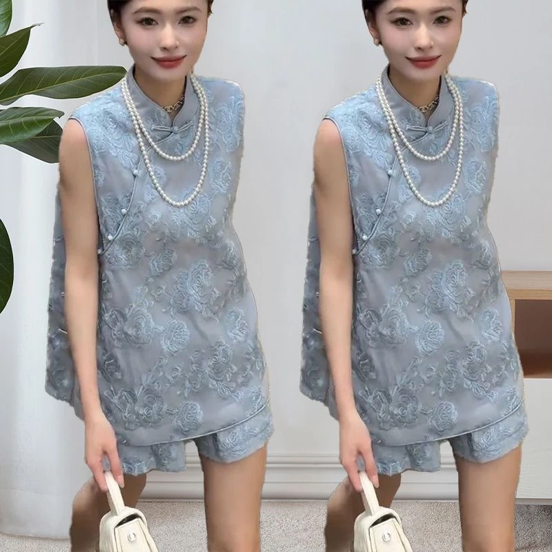 2025夏季新款新中式时尚套装女印花洋气盘扣中袖上衣短裤两件套女