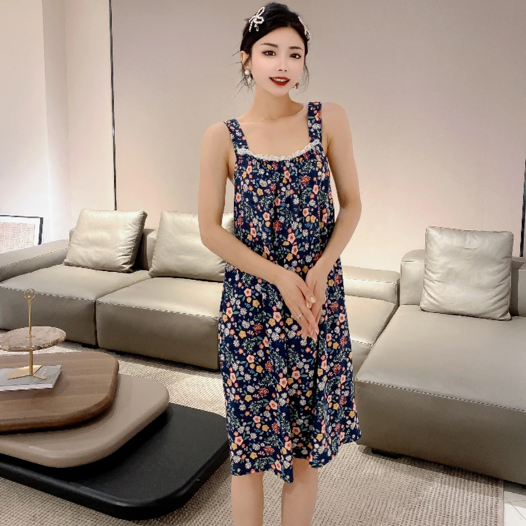 玉葱葱家居服夏季人棉中长款碎花减龄薄款吊带睡清凉睡衣171088