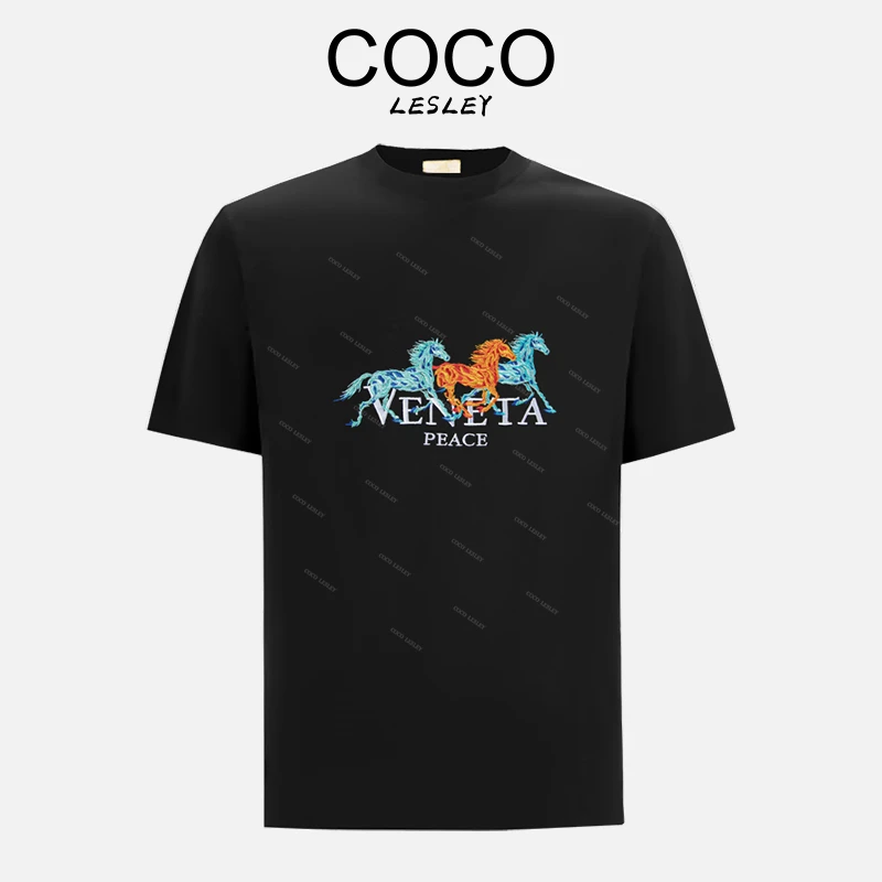 【高定服饰】骏马奔腾绣花纯棉短袖休闲夏季圆领T恤