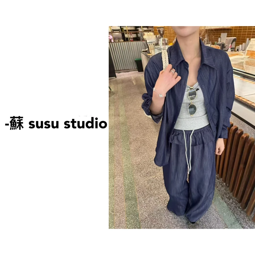 25004韩版休闲百搭小众衬衫+吊带+高腰阔腿裤