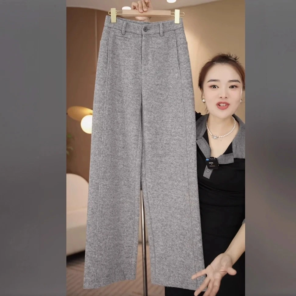 绵羊毛窄版阔腿裤女2025秋冬新款加绒加厚高腰显瘦时尚休闲直筒裤