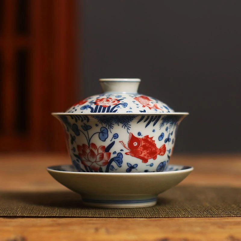 老岩泥釉下彩鱼藻纹青花釉里红复古三才盖碗150毫升大号功夫茶具