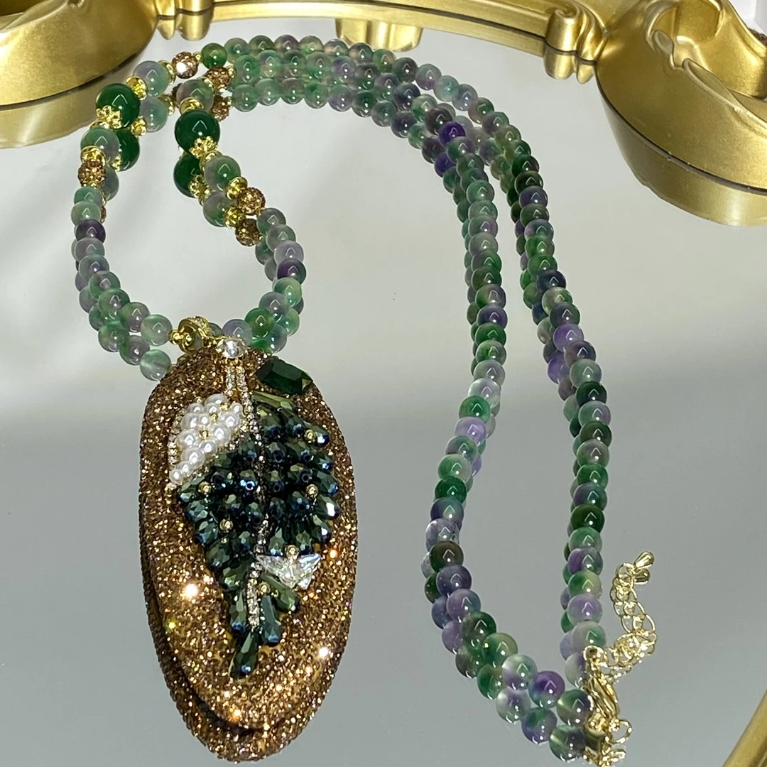 铜合金合成锆石项链 TTSD 绿色羽毛时尚潮流百搭款毛衣链 9092