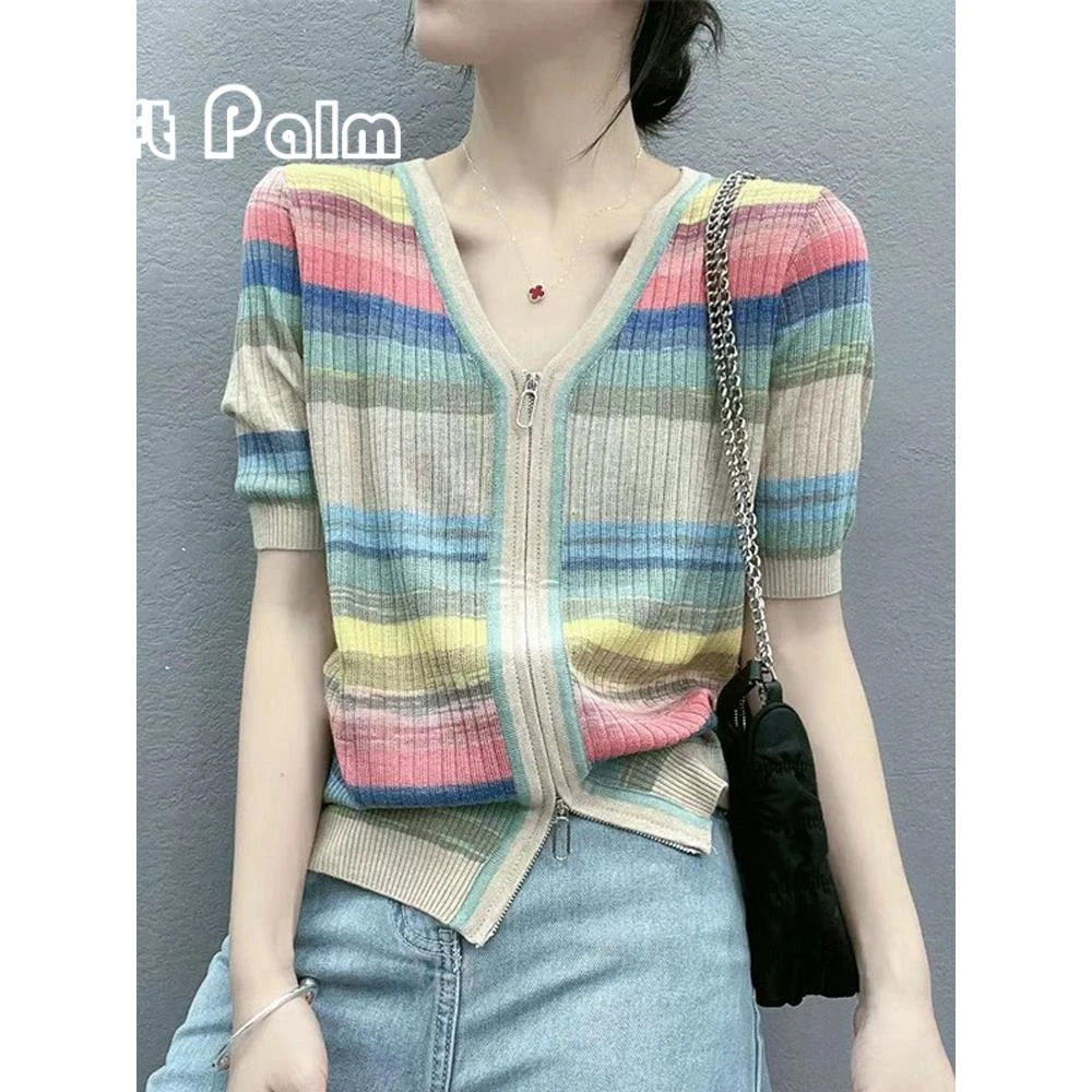 GiftPalm彩色条纹v领拉链短袖针织开衫女夏季薄款温柔洋气显瘦女