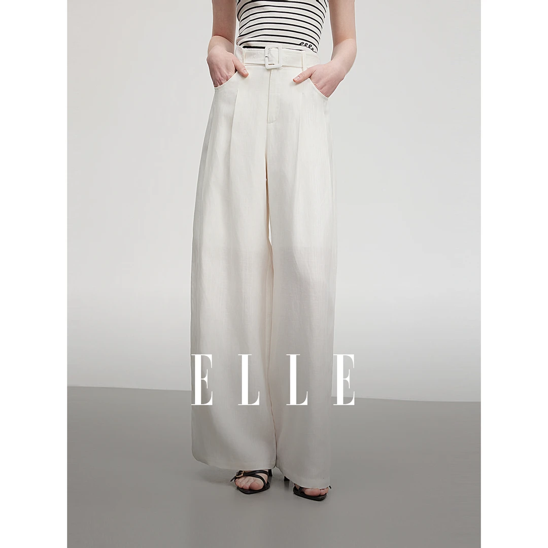 ELLE法式慵懒感阔腿休闲裤女款2025夏日穿搭白色亚麻裤子EK51323