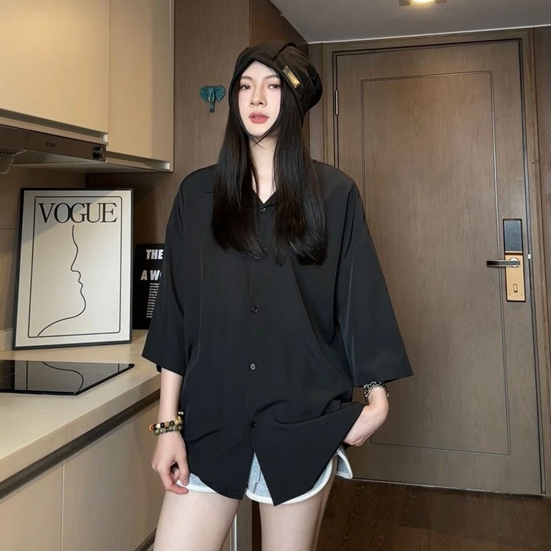 港风大码美式vibe潮牌衬衫男夏季2025痞帅宽松休闲翻领七分袖衬衣