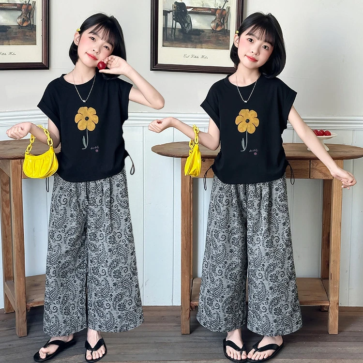 女童夏季套装2025新款儿童韩版休闲短袖T恤中大童宽松阔腿裤子潮6