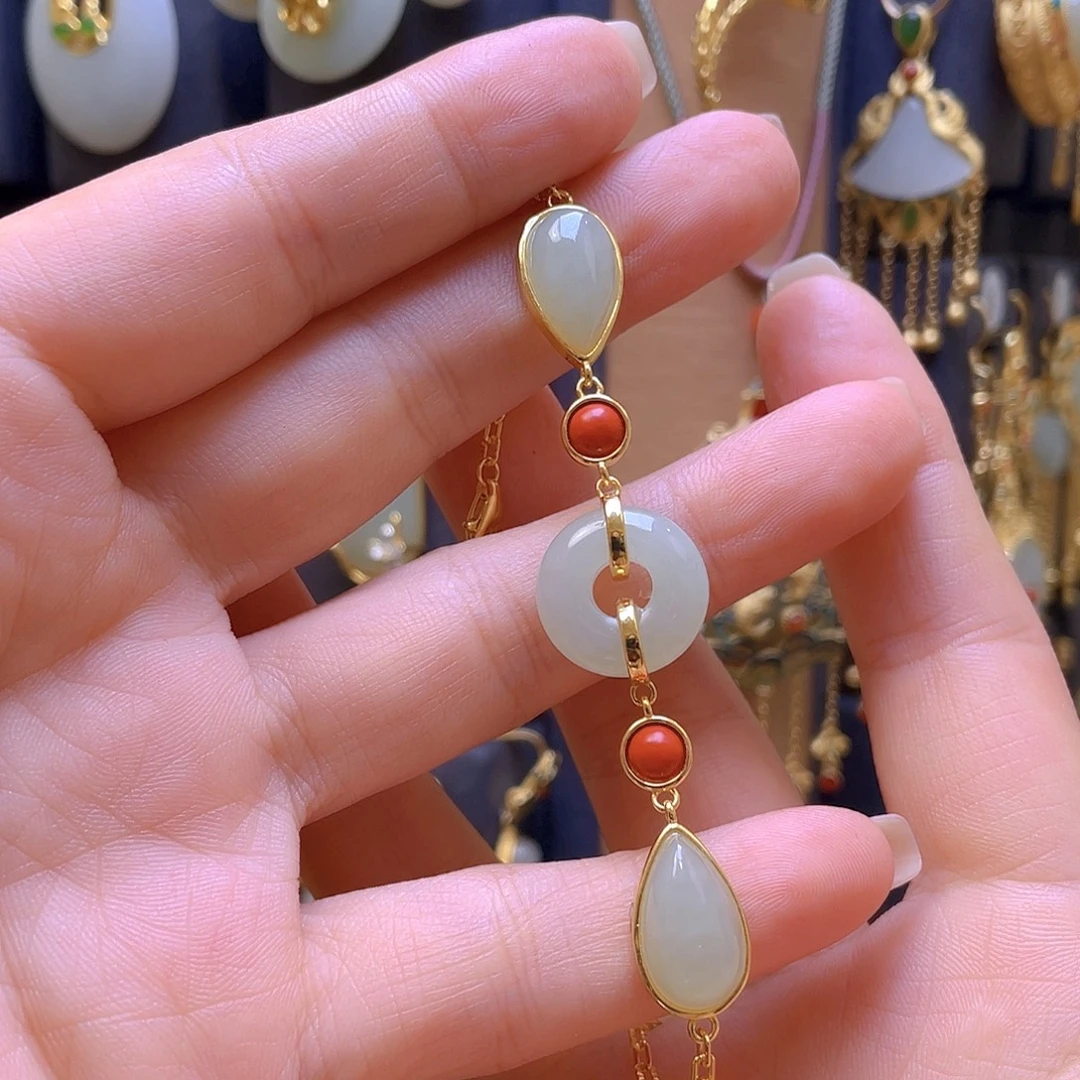 和田玉银S925镀金镶嵌手链