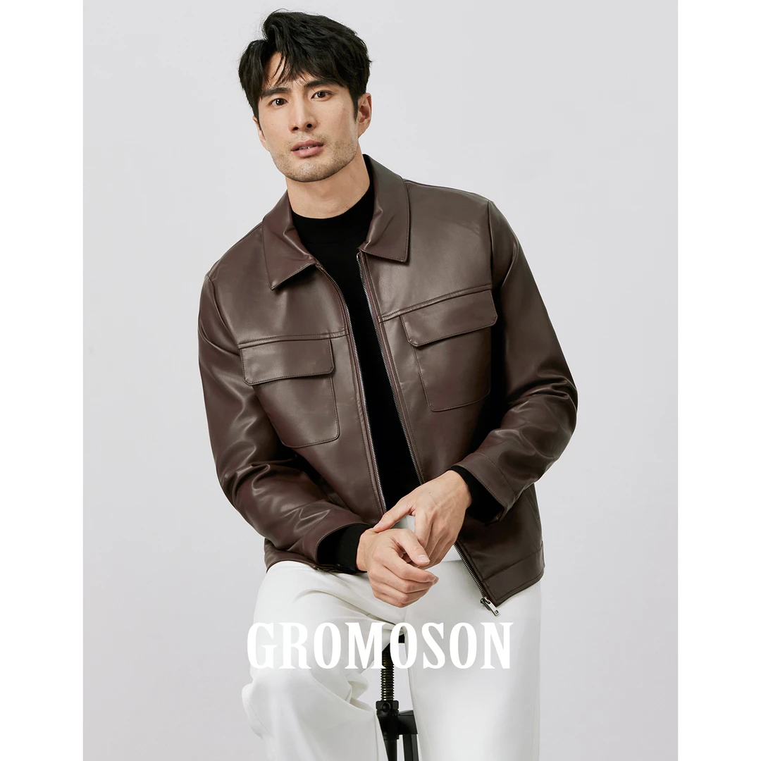 美式休闲双口袋翻领皮衣外套男士修身短款美拉德复古百搭皮夹克男