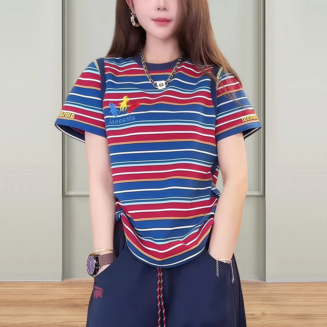 纯棉设计感撞色条纹正肩刺绣洋气衣服女2025夏季新款圆领百搭体恤