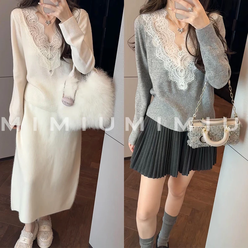 【mimius】喵喵 缪斯女神 羊毛拼接蕾丝V领毛衣 WG10042