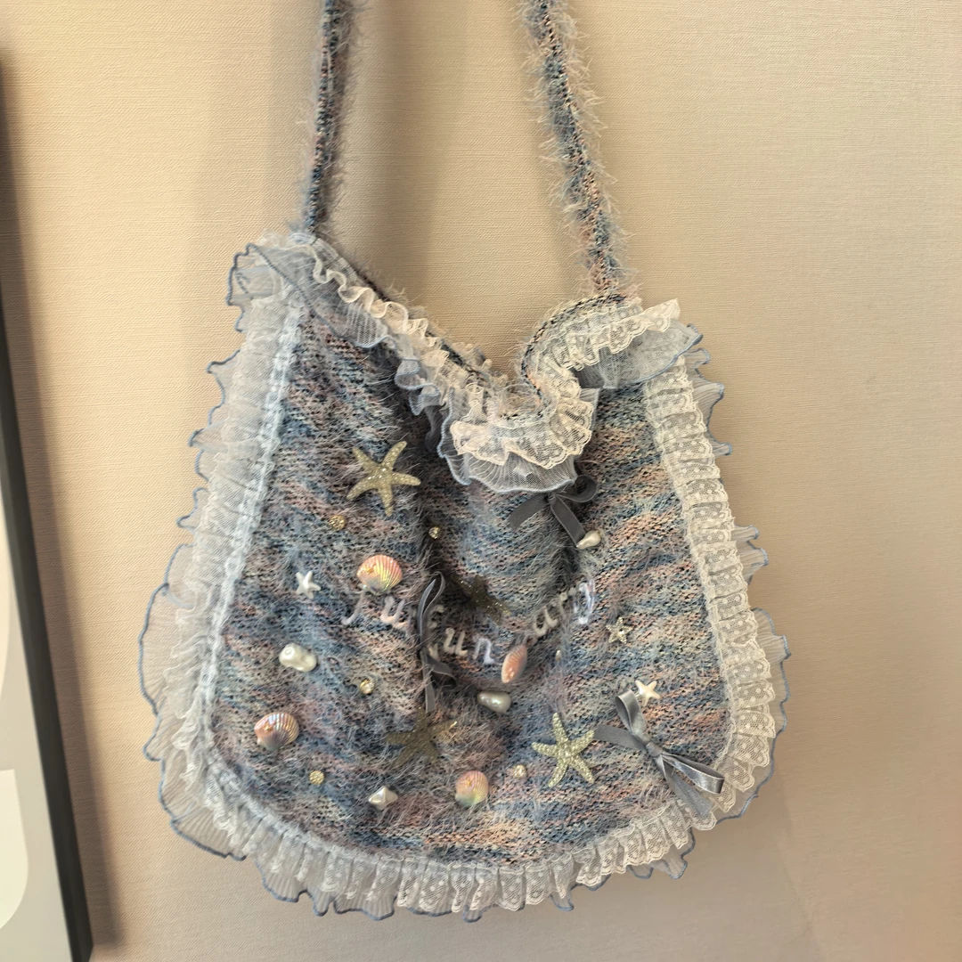 BB376蓝色蝴蝶结海星贝壳蕾丝边包包