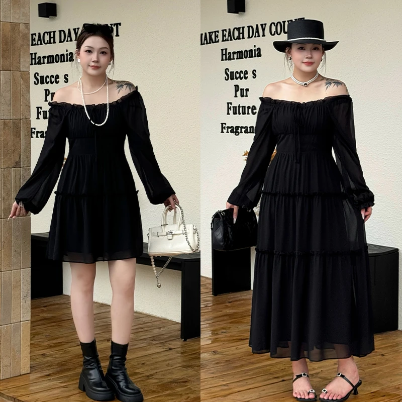 （现现款）花菜微胖定制~【秋日漫游】气质时尚花边法式浪漫小黑裙