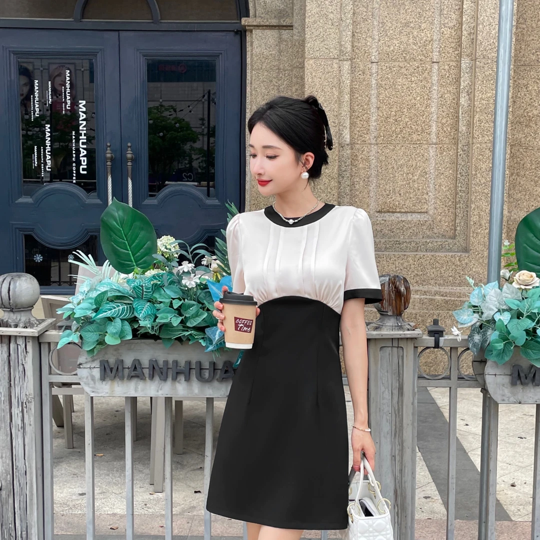 敏敏【泡芙小姐】拼接飘带连衣裙女夏季修身显瘦时尚气质短裙裙子