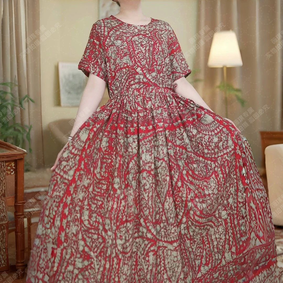 【波西女王】短袖连衣裙花裙夏季大码宽松印花碎花复古裙子带抽绳