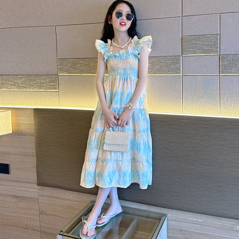 女童夏季短袖连衣裙2024韩版薄款小碎花公主裙小女孩冰凉裙子吊带