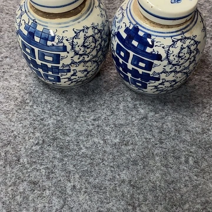 小*儿青花喜子罐一对，青花罐