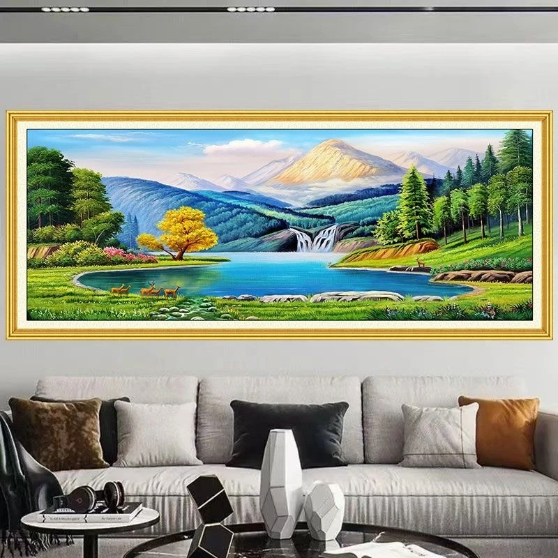 背靠金山山水画聚宝盆客厅山水装饰画沙发办公室迎门墙大福字