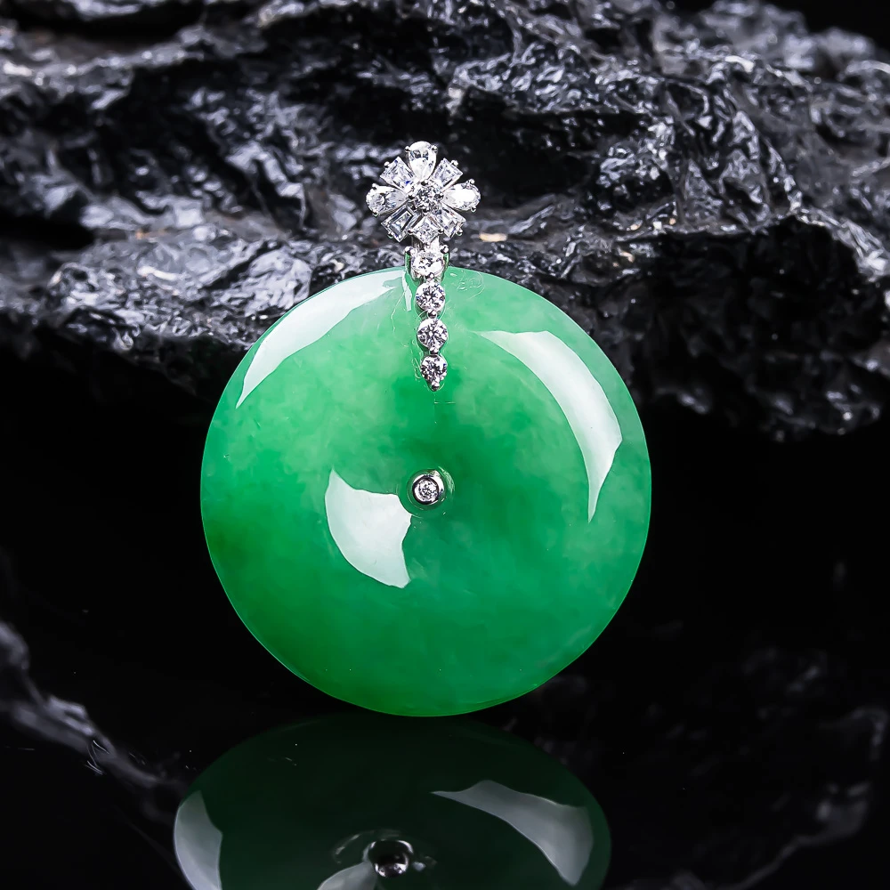 缅甸翡翠吊坠冰润飘绿平安扣挂件18k金镶嵌天然A货