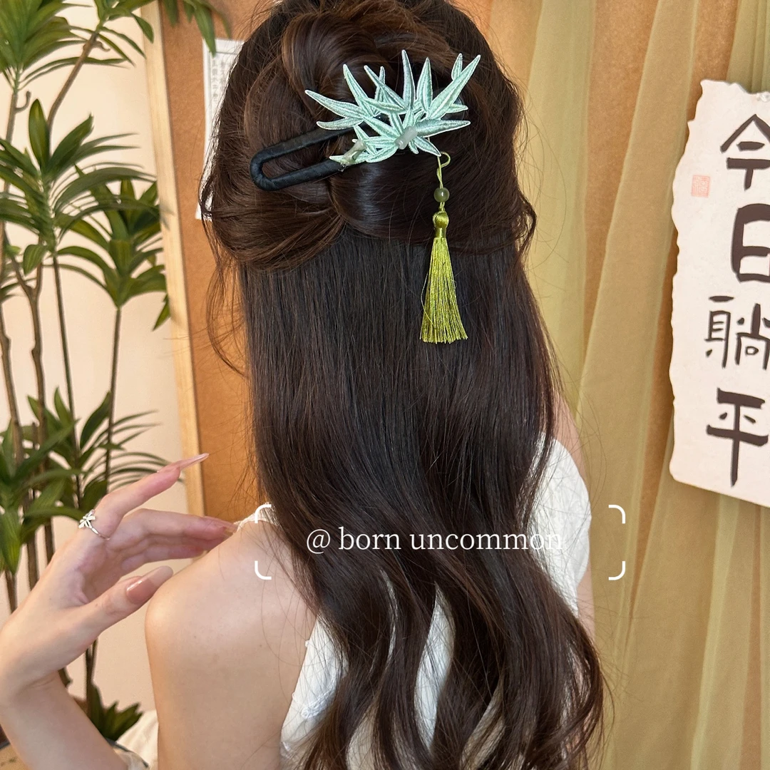 中国风竹叶流苏发夹女复古高级感一字扭扭夹后脑勺盘发鲨鱼夹发饰