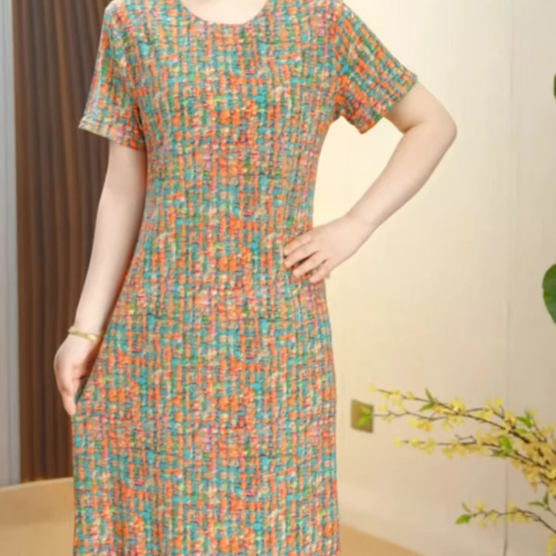 9951-洋气绿波点新款夏季短袖中长款连衣裙宽松显瘦时尚【鑫源】