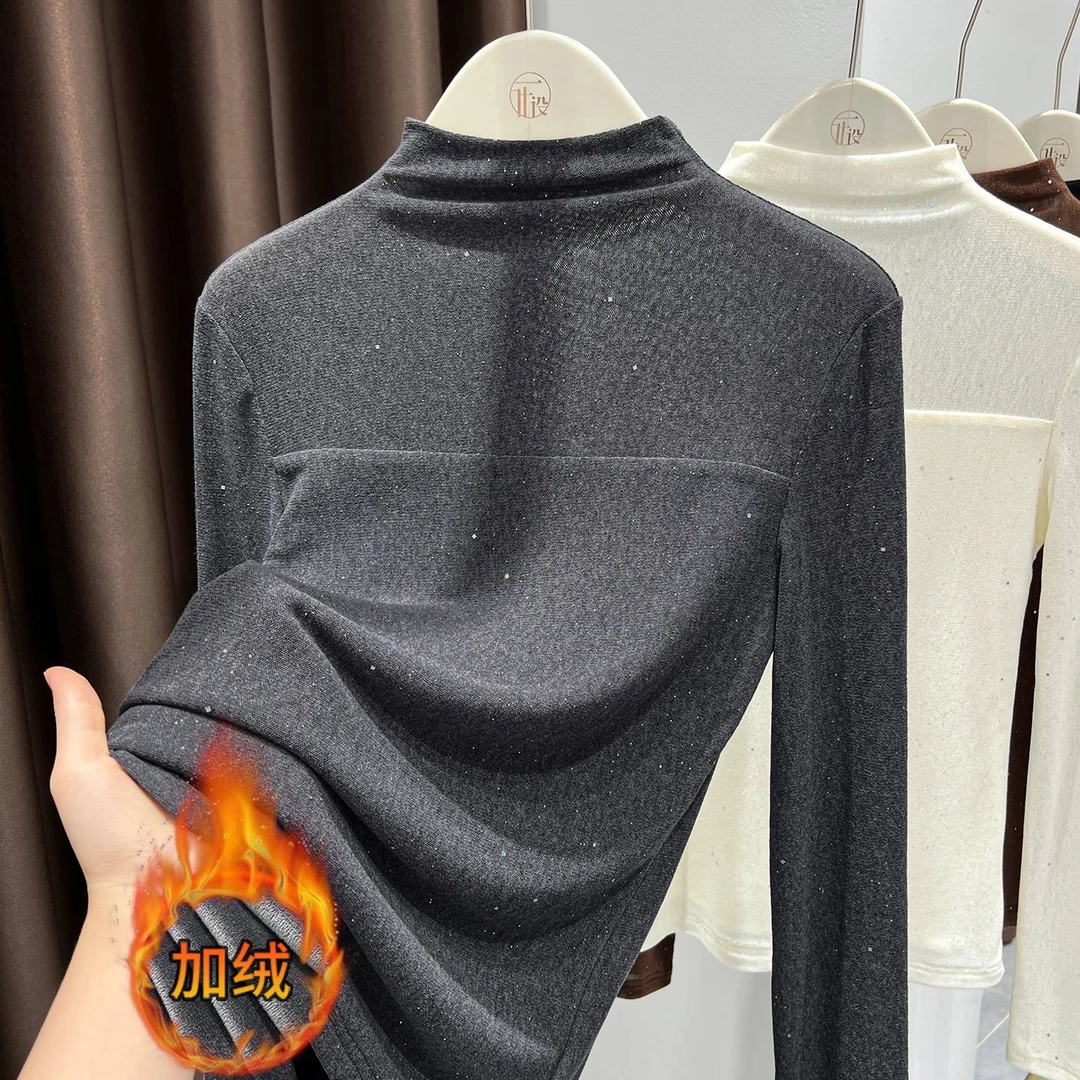 韩系穿搭亮丝蕾丝半高领打底衫女秋冬季时尚新款内搭加绒加厚上衣