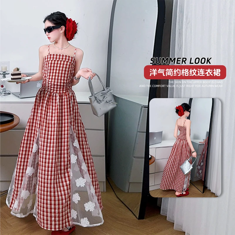 女童连衣裙夏季洋气时髦海边度假风长裙子女孩蕾丝拼接吊带格子裙